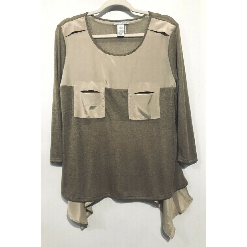 Alberto Makali Womens Large Gold Metallic Sweater Asymmetrical Hem Boho